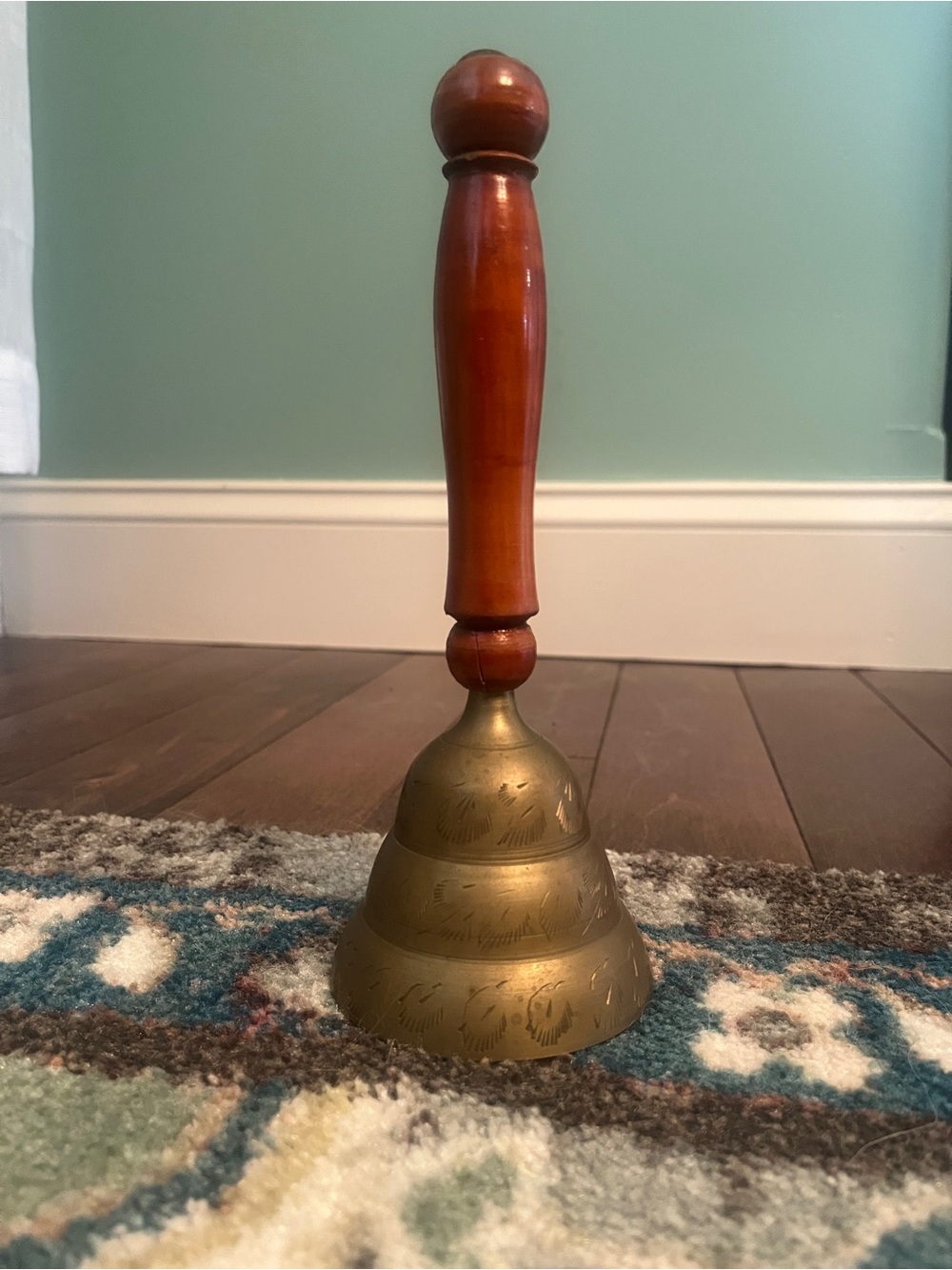 Vintage Brass Hand Bell with Wooden Handle - Brown & Gold